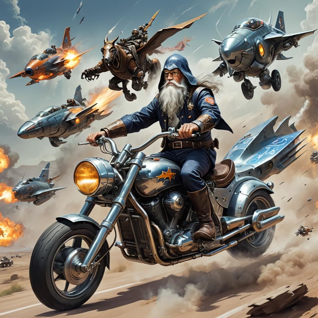 Wizard on Motorcycle Chased by Mustangs