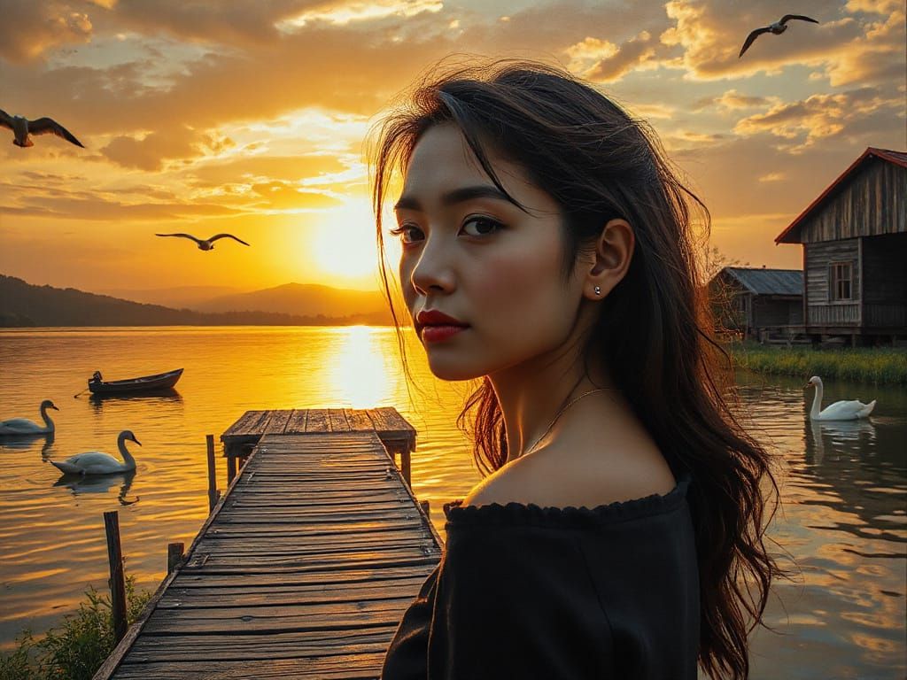 Asian Woman Basks in Warm Sunset Glow