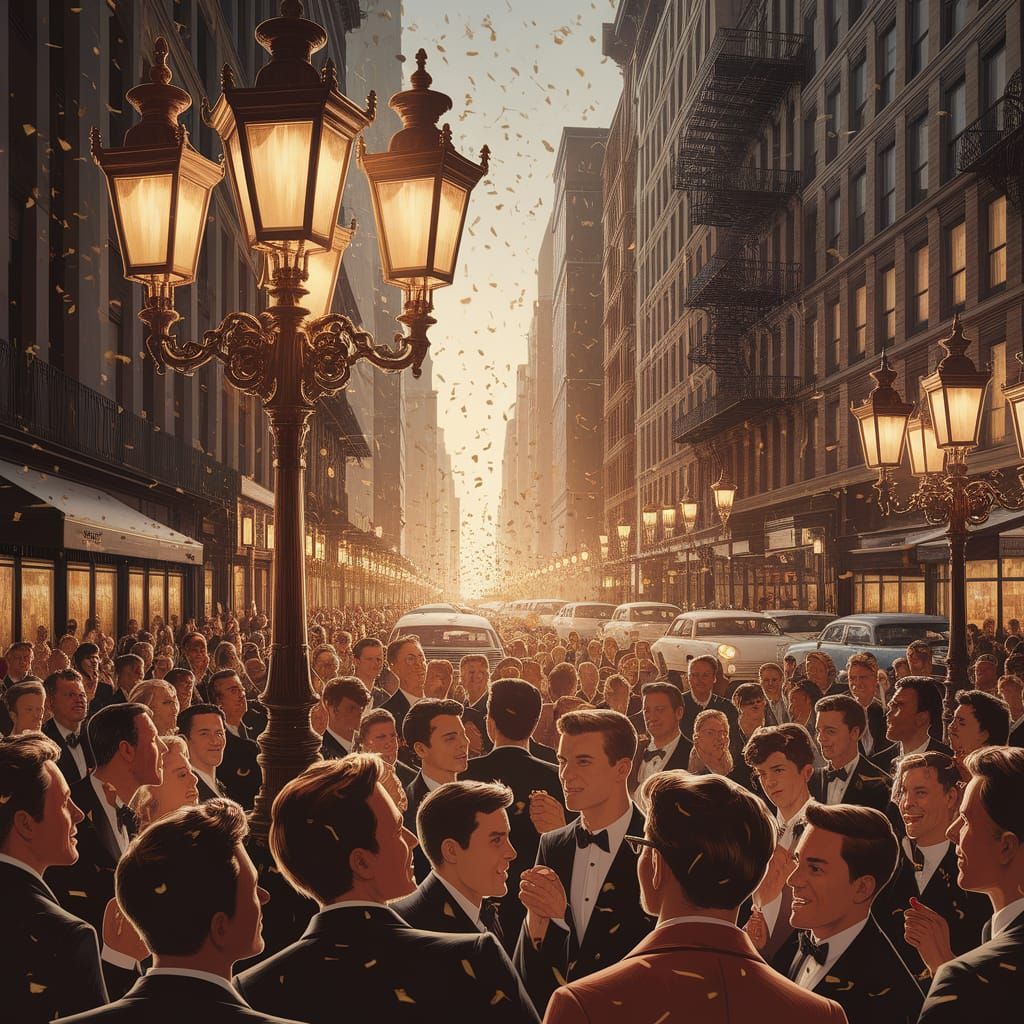 Old fashion New Yorker style illustration of people on the streets of Queens, New York, celebrating at one minute to mid...