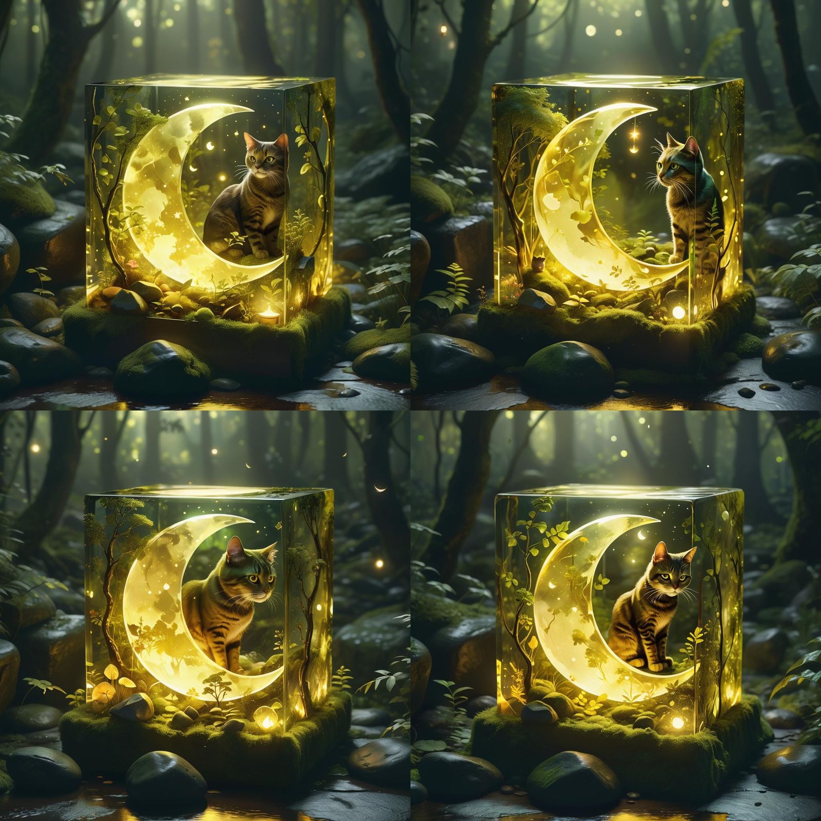 Enchanted Forest: Cat and Moon in Glass Cube