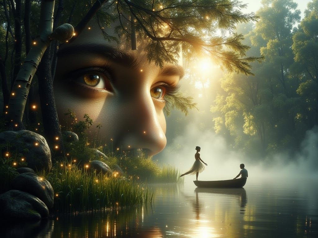 Enchanted Forest Woman Blends with Surreal River Scene