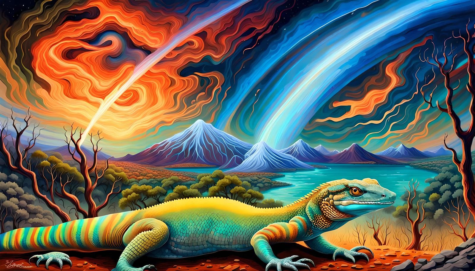 Giant Goanna Smiling Under Aurora Sky
