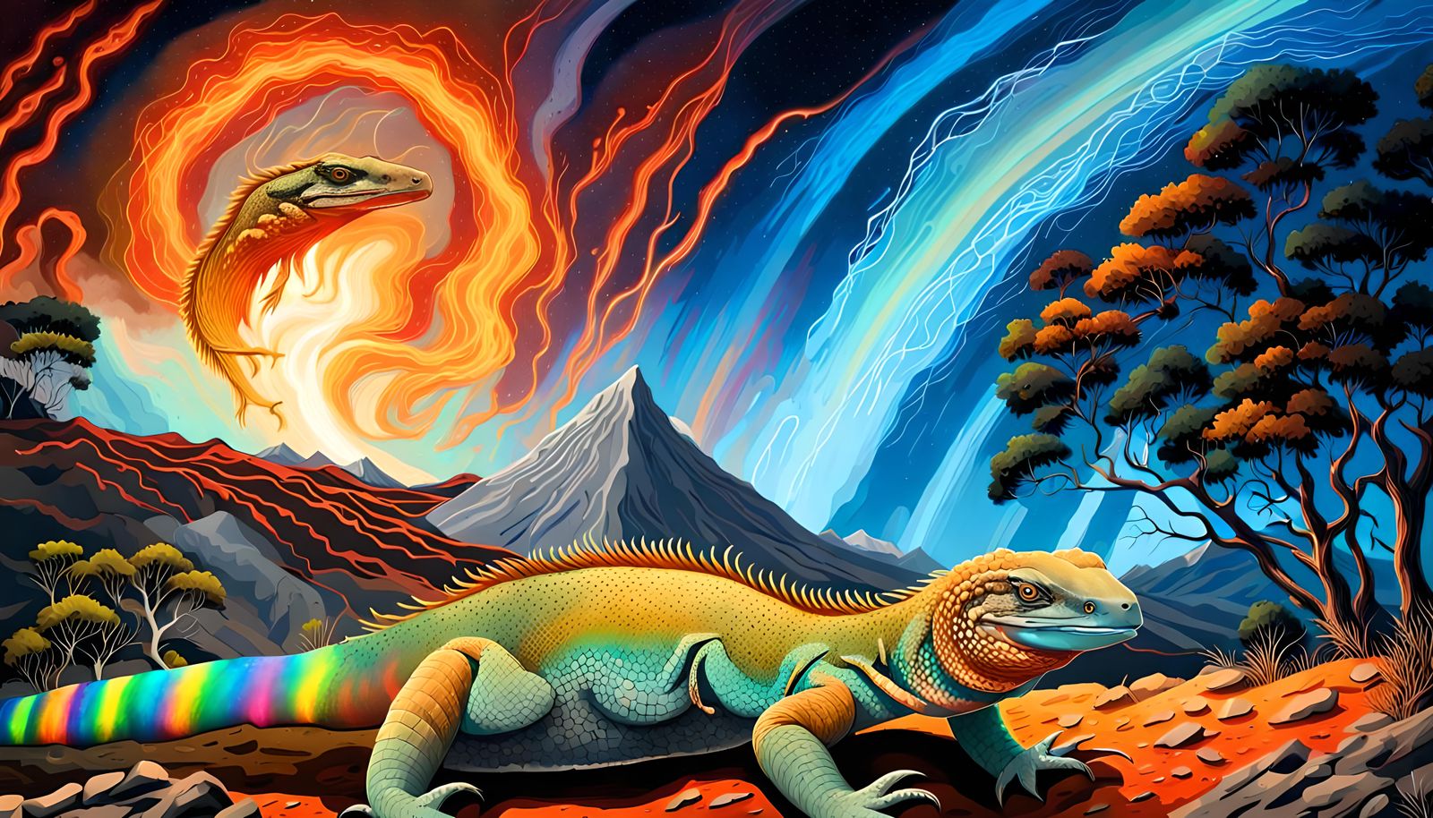 Smiling Goanna in Primordial Landscape