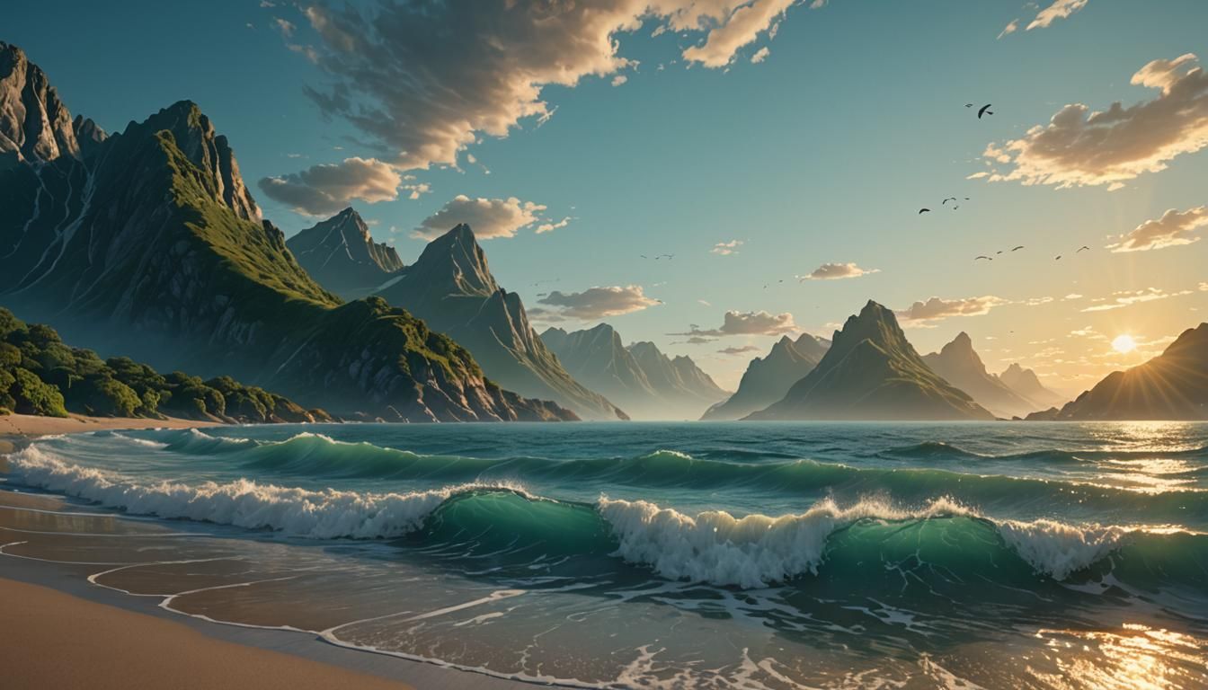 Hyperrealistic Mountains Meet Ocean at Dawn