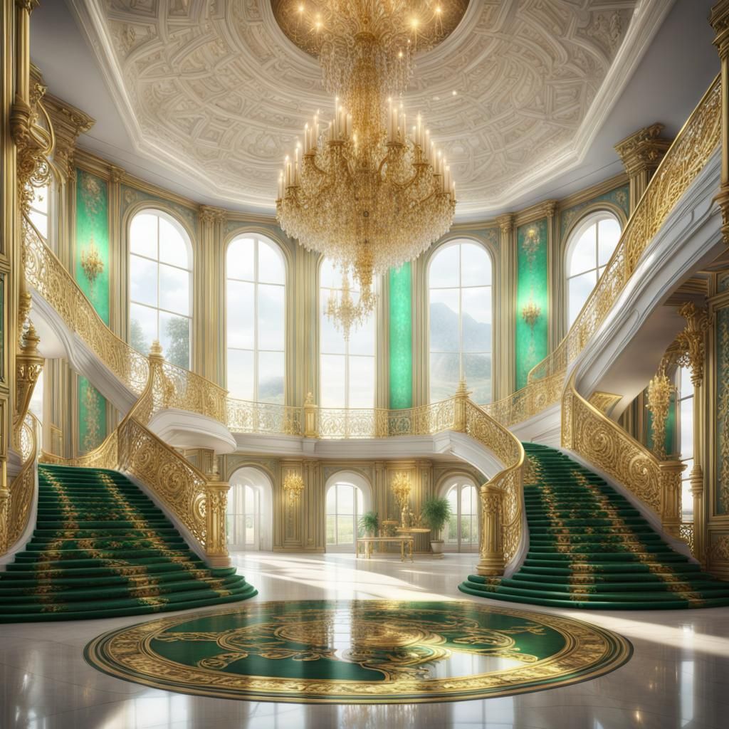 Opulent White Palace with Emerald Chandeliers, Fantasy Art