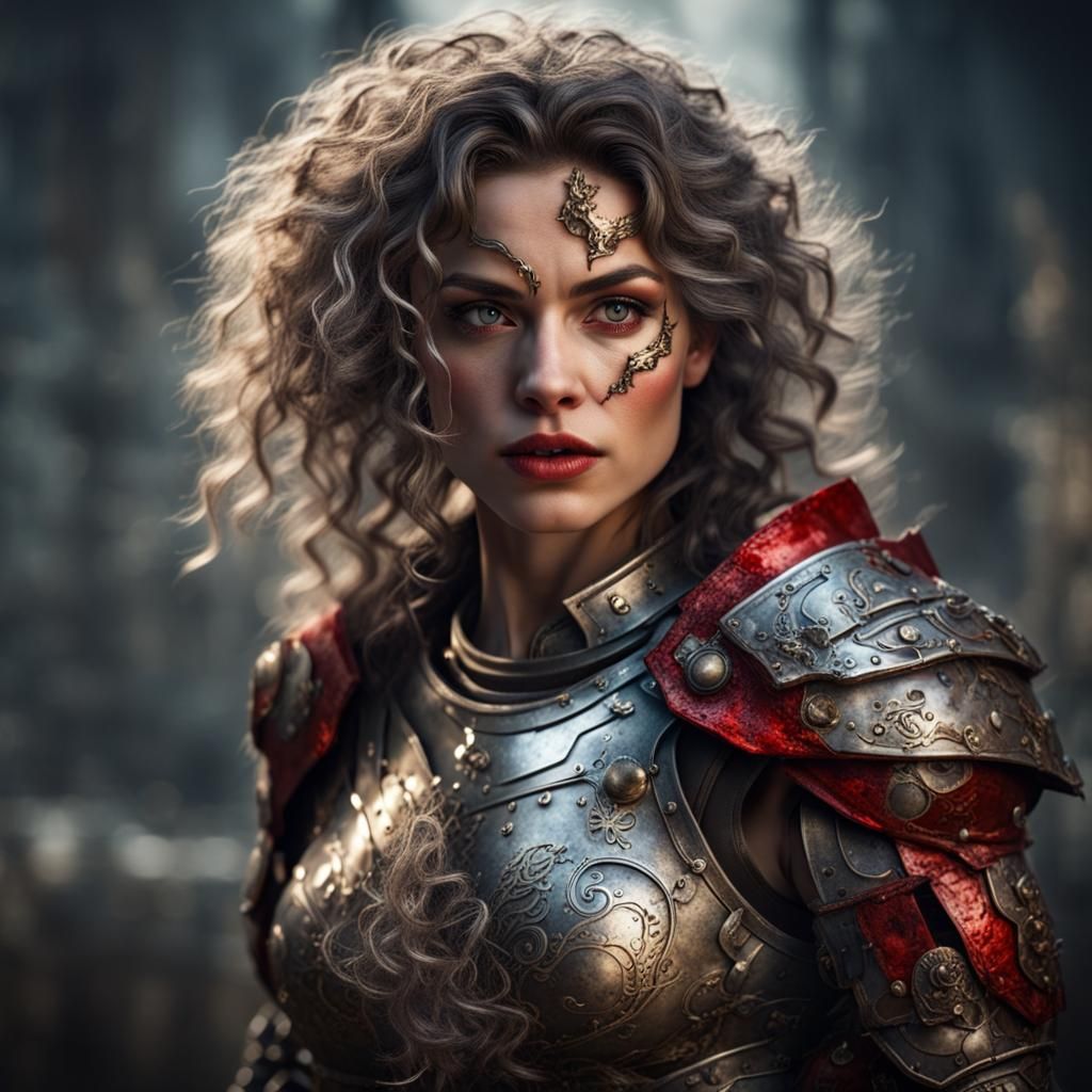 Battle-Scarred Woman with Intense Look in Armor