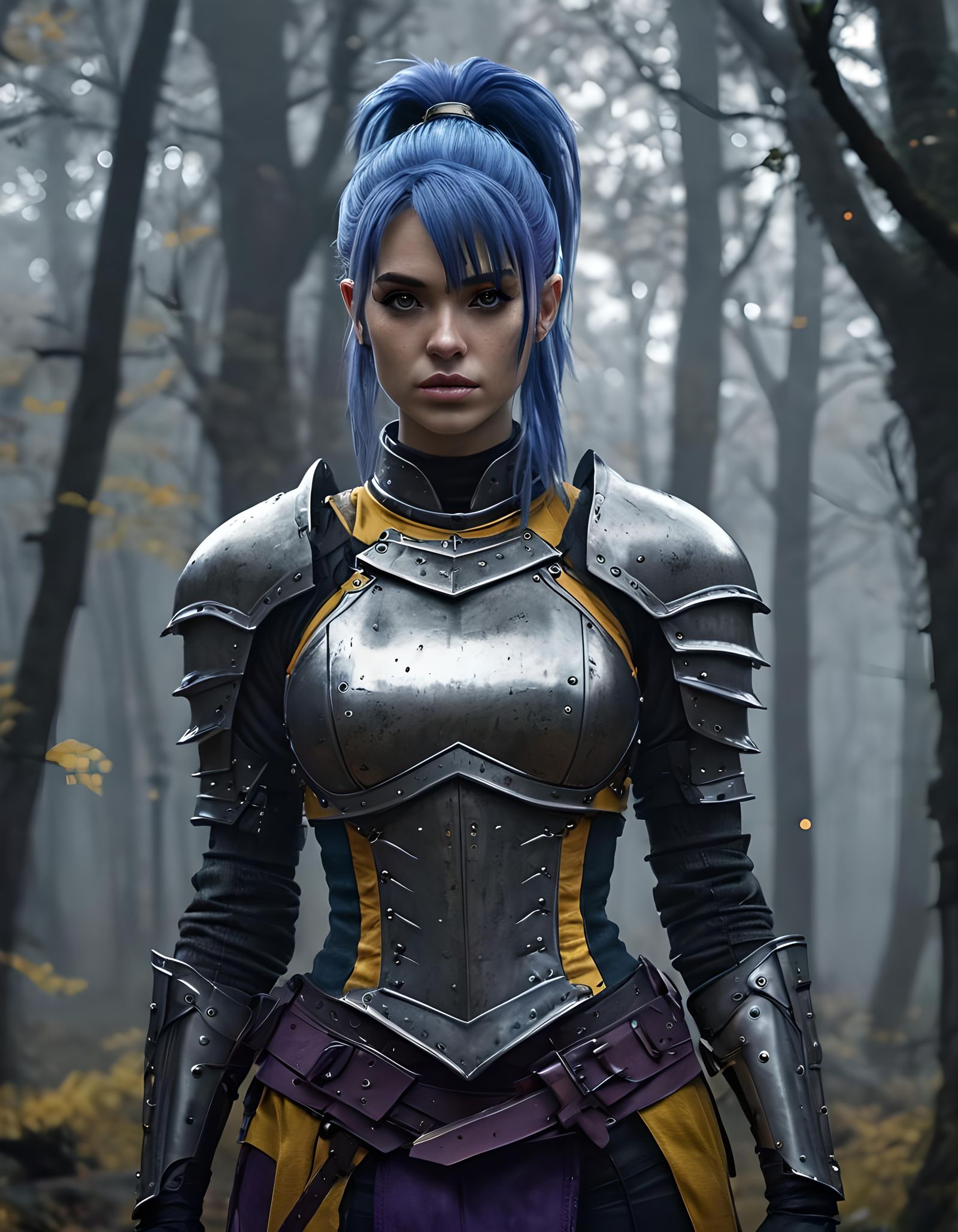 Blue-Haired Knight in Dark Fantasy Style
