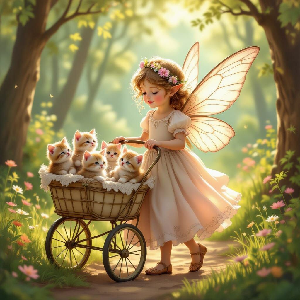 Pastel Fairy Girl with Kittens in Forest, Whimsical Art