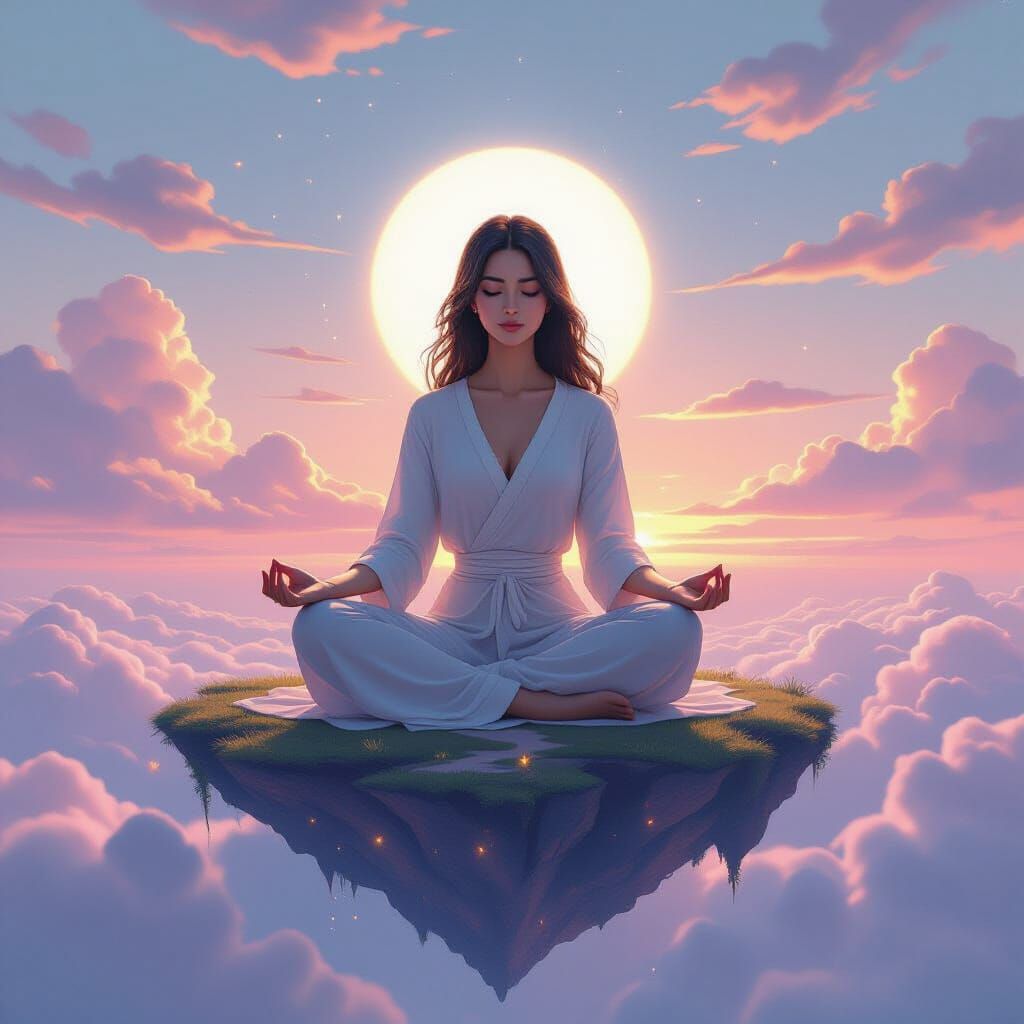 Serene Woman Meditating on Floating Island at Sunrise
