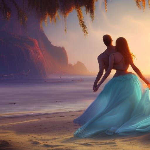 Romantic Beach Dance in Detailed Digital Painting