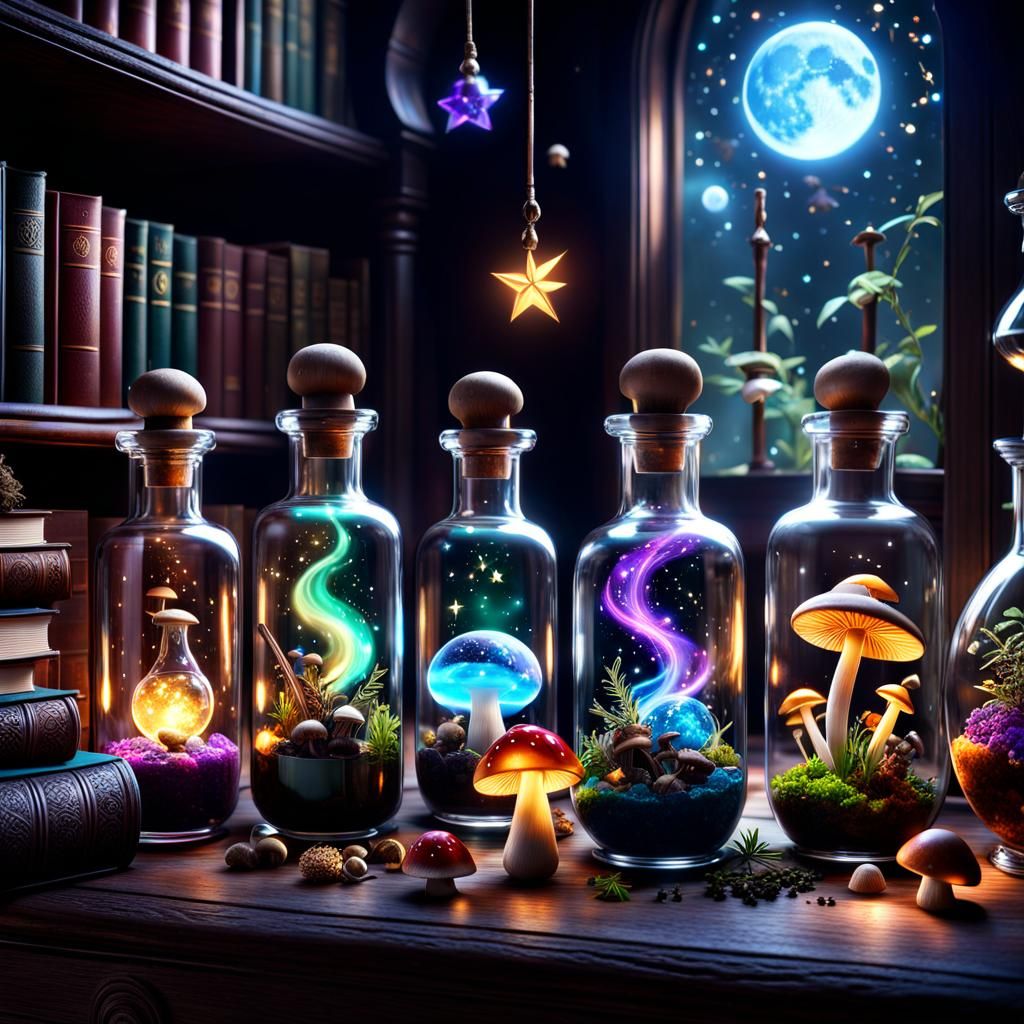 Alchemist Wizard with Glowing Potions and Magic Items