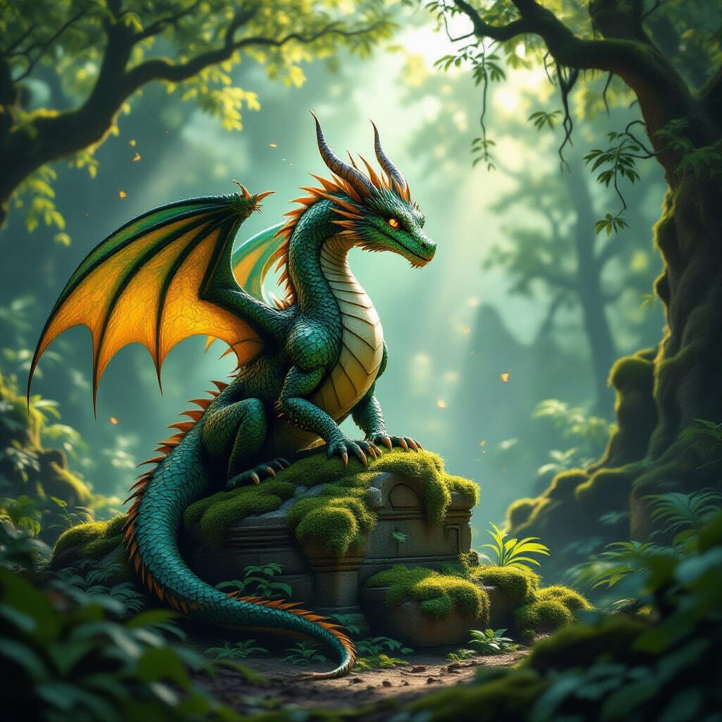 Majestic Dragon on Ancient Ruin in Sun-Dappled Forest