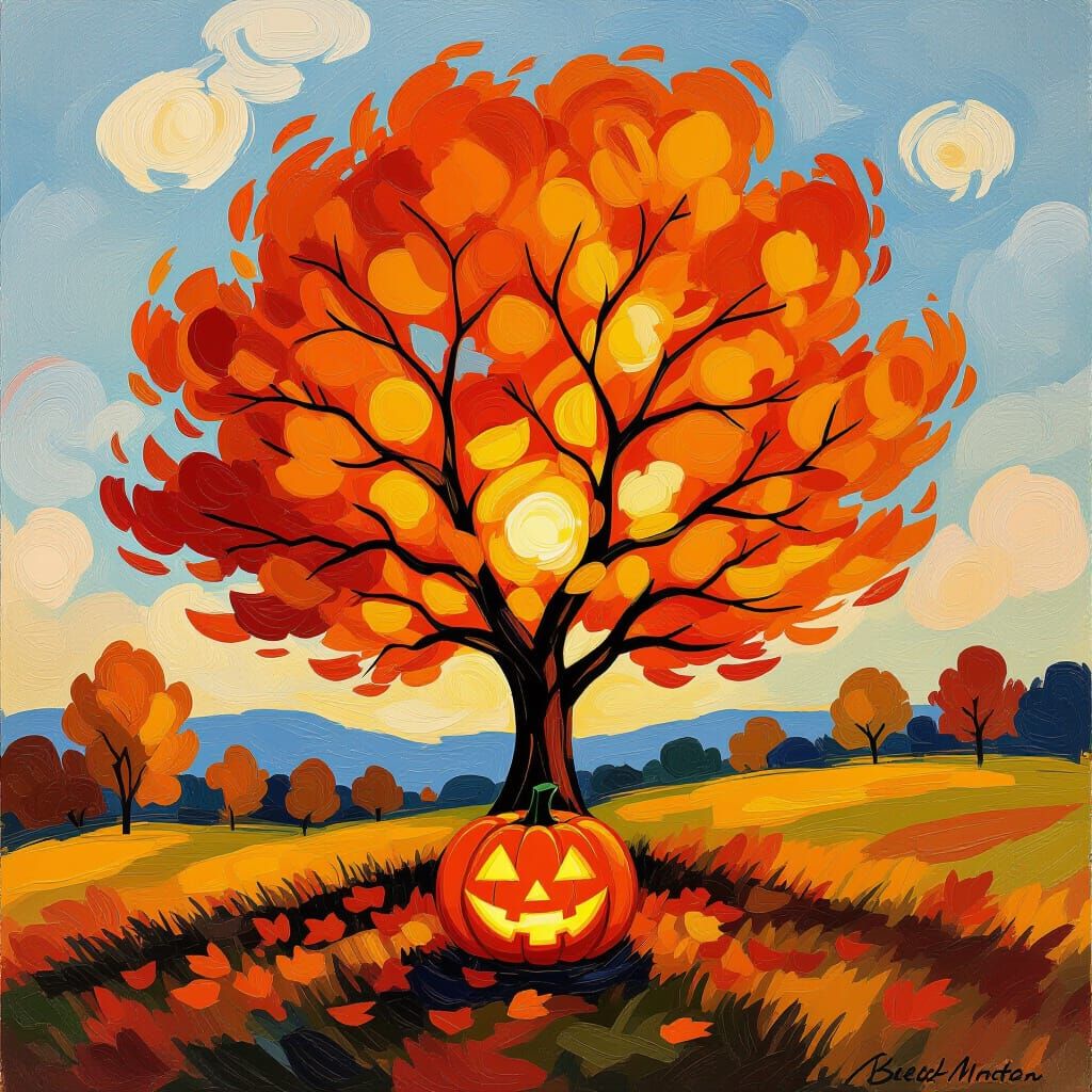 Autumn Landscape with Fiery Tree in Impressionist Style