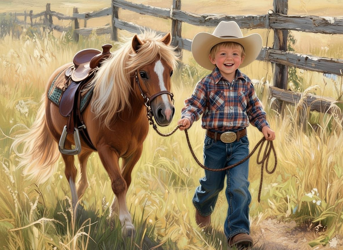 Child and Pony in Pastoral Scene, Hyper Realistic Oil Painti...