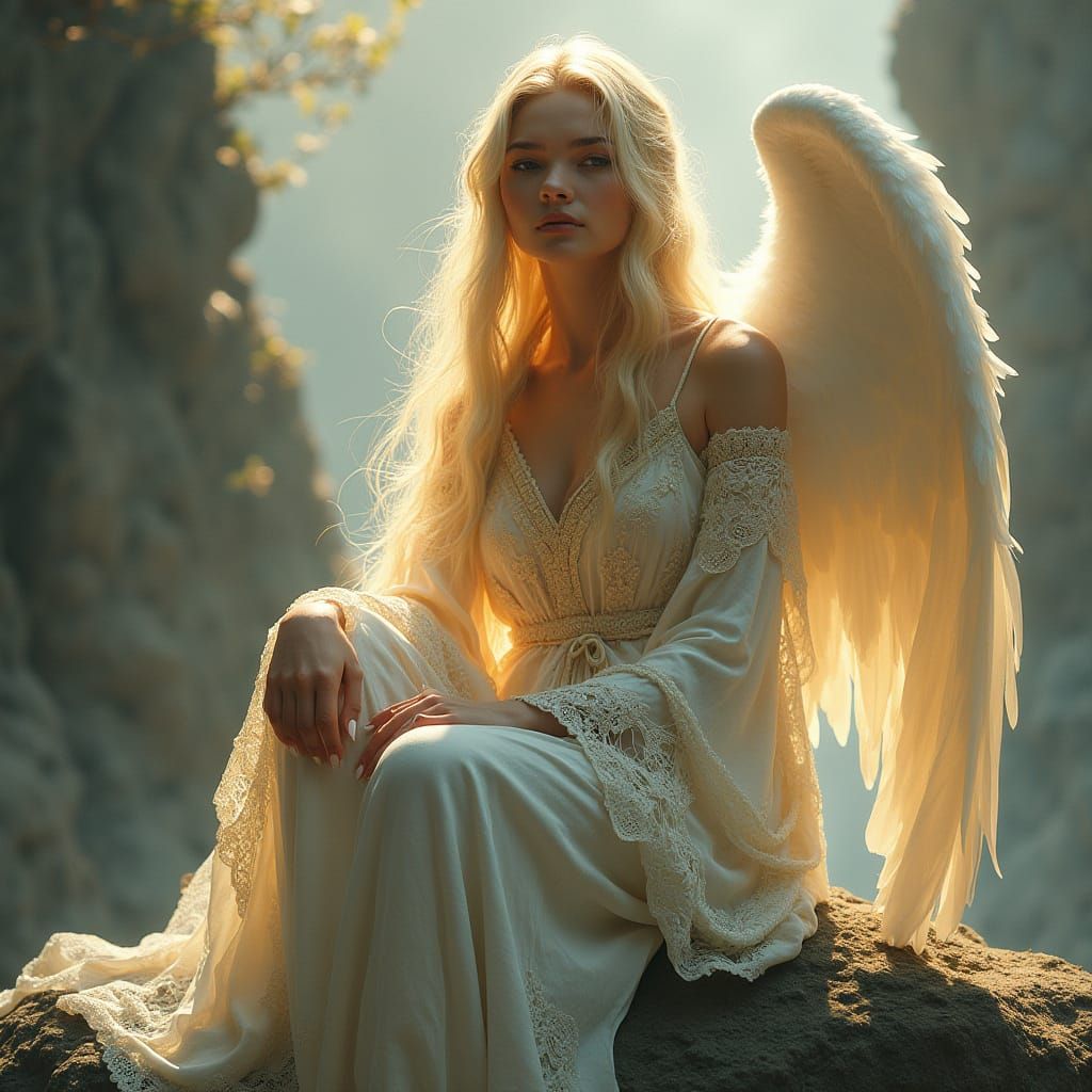 Ethereal Angel of Destiny in Golden Lace Robe on Rock