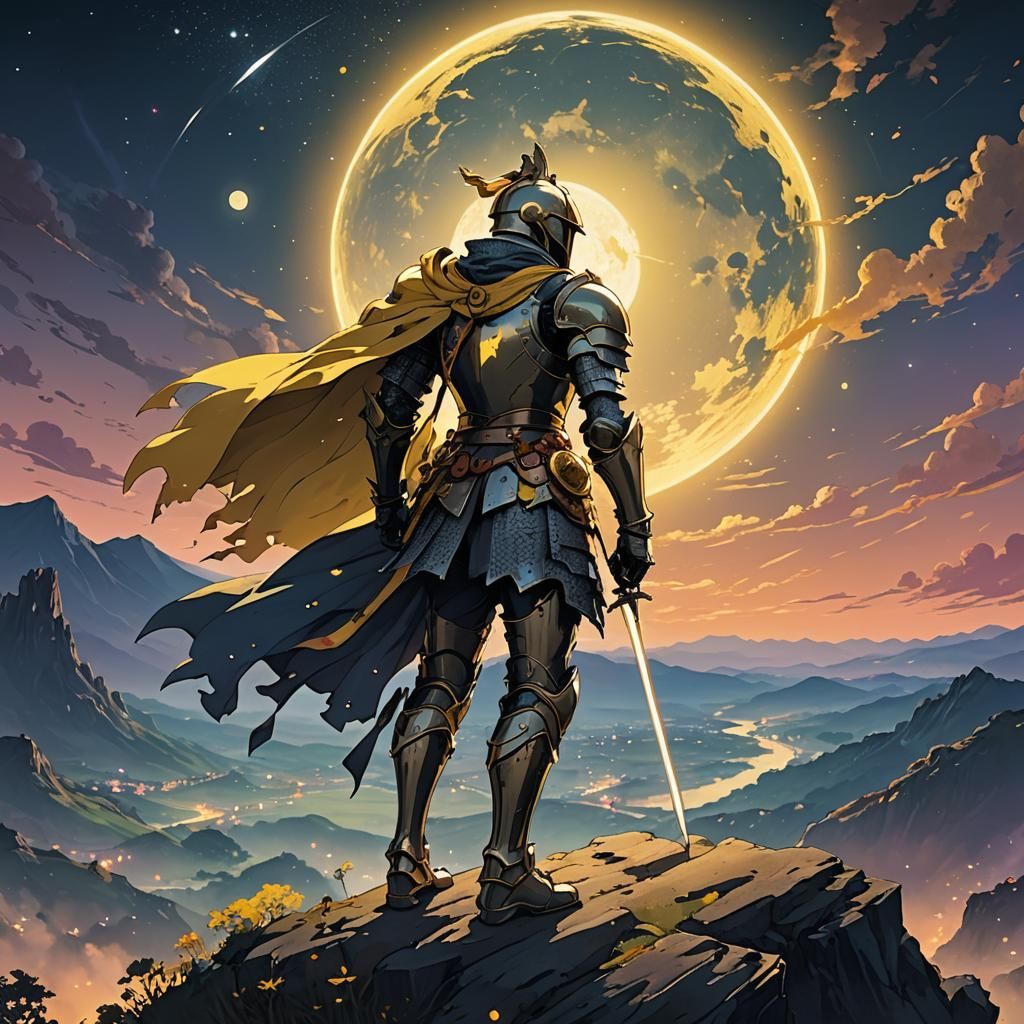 Knight Silhouetted by Moon in Anime Illustration
