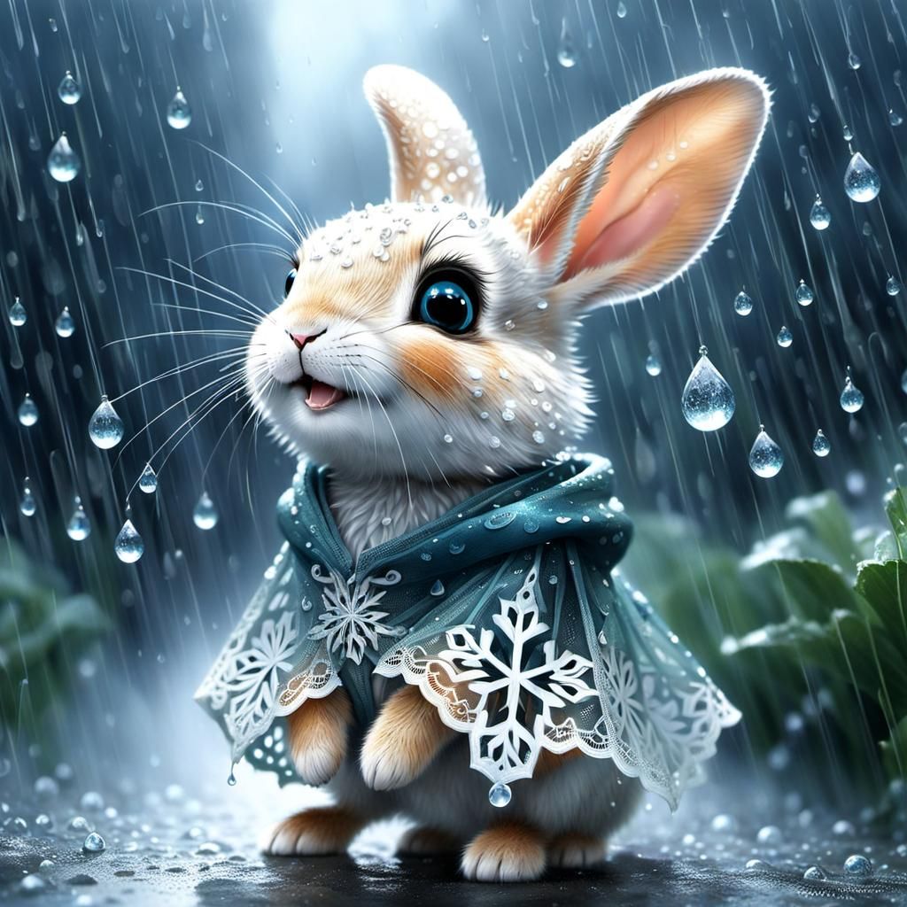 Adorable Baby Rabbit in Rain, 3D Rendered