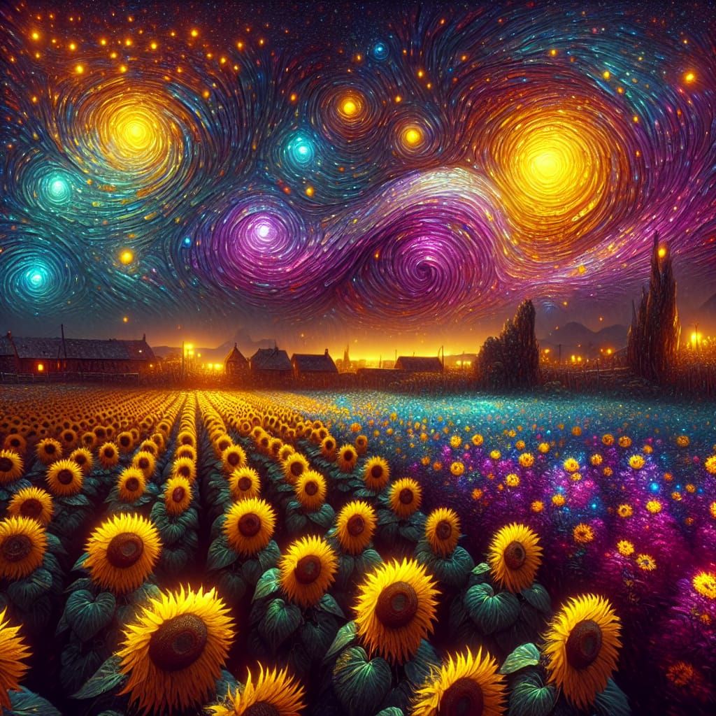Starry Sunflower Field as Van Gogh Painting