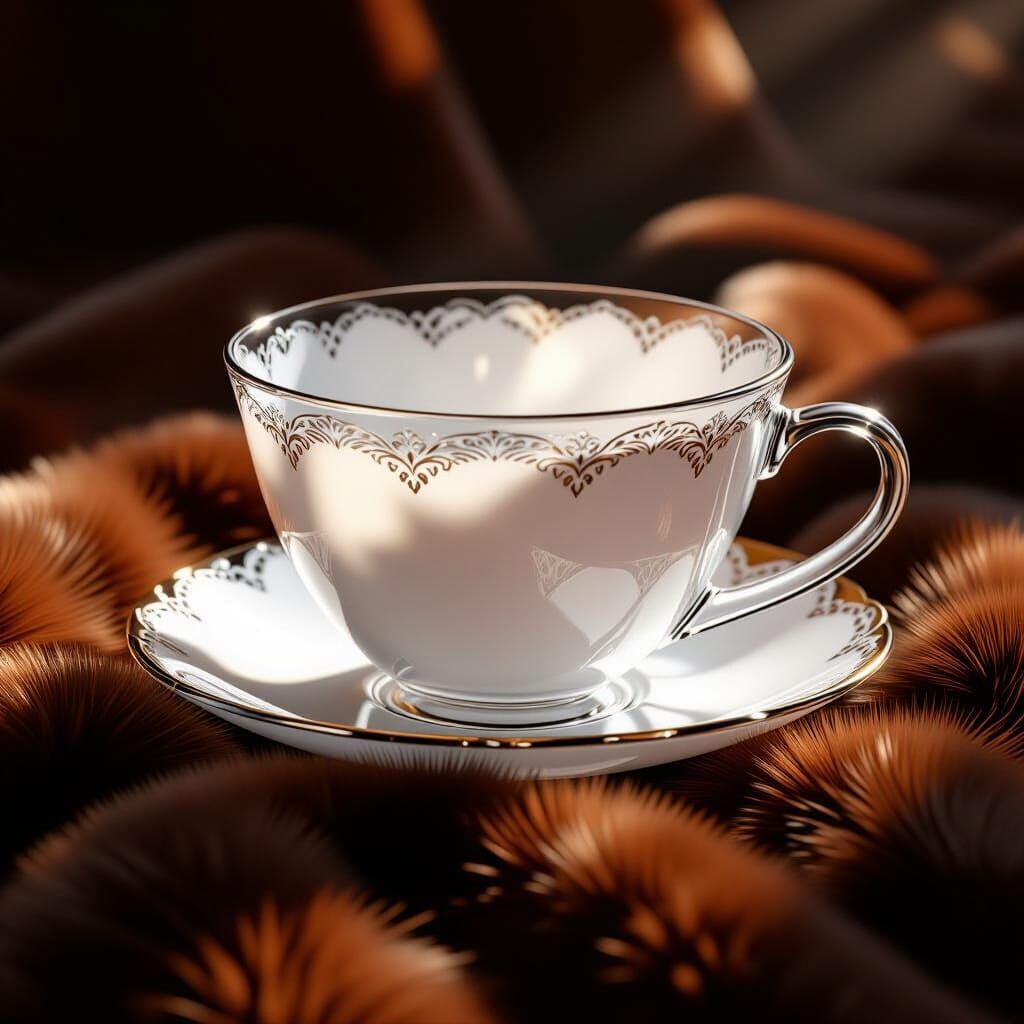 Hyperrealistic 3D Render of Ornate Glass Teacup on Fur