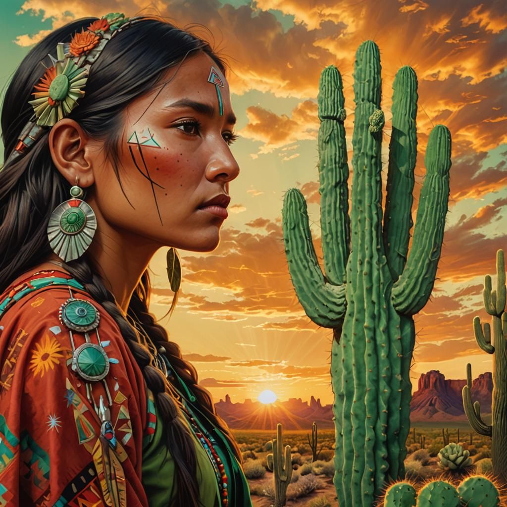 Navajo Woman in Arizona Desert Sunset, Surreal Art