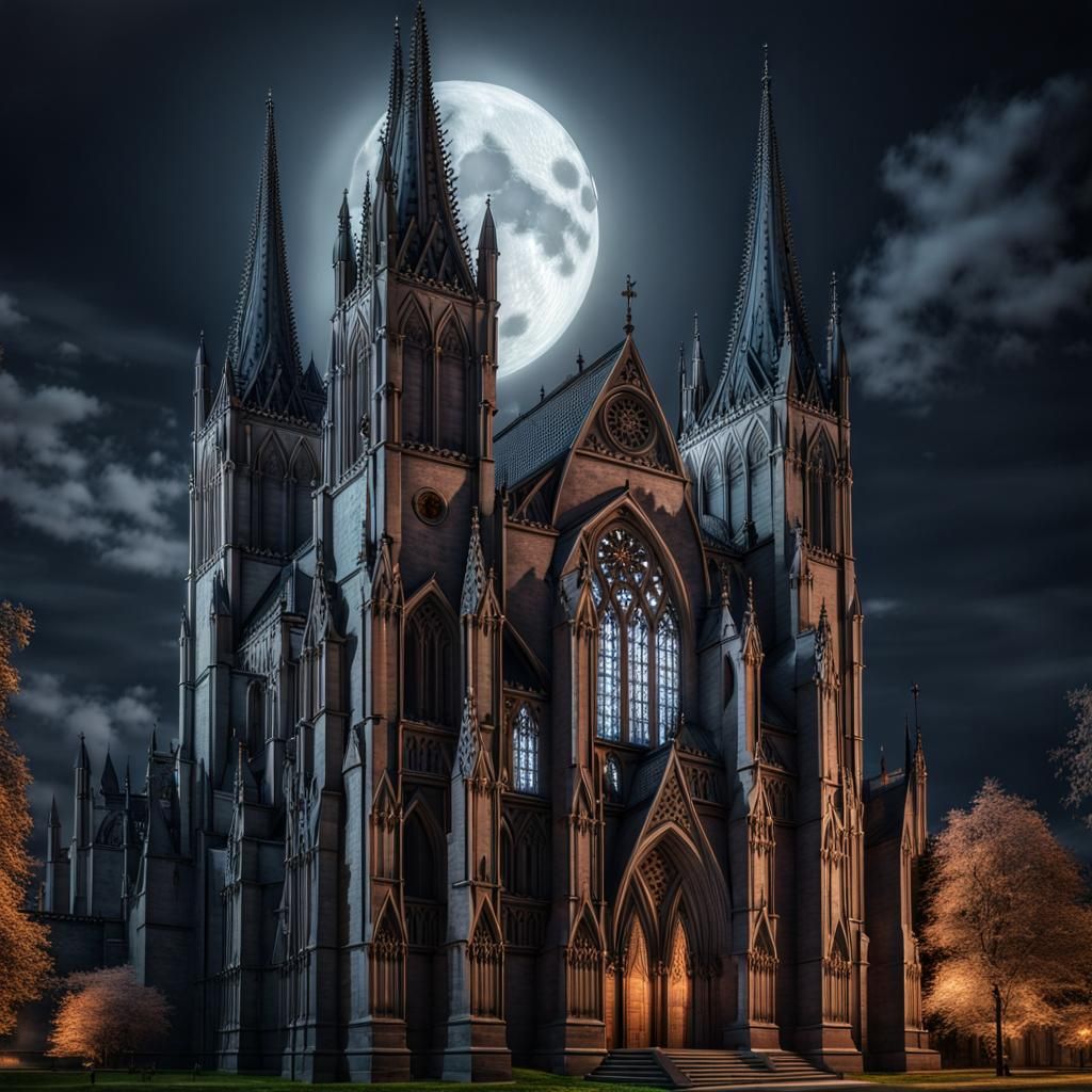Enchanted Gothic Cathedral at Night Under Full Moon