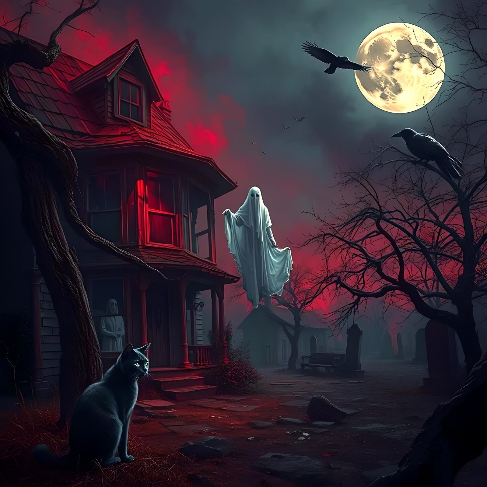 Ghostly Haunted Cottage in Crimson: Dark Art