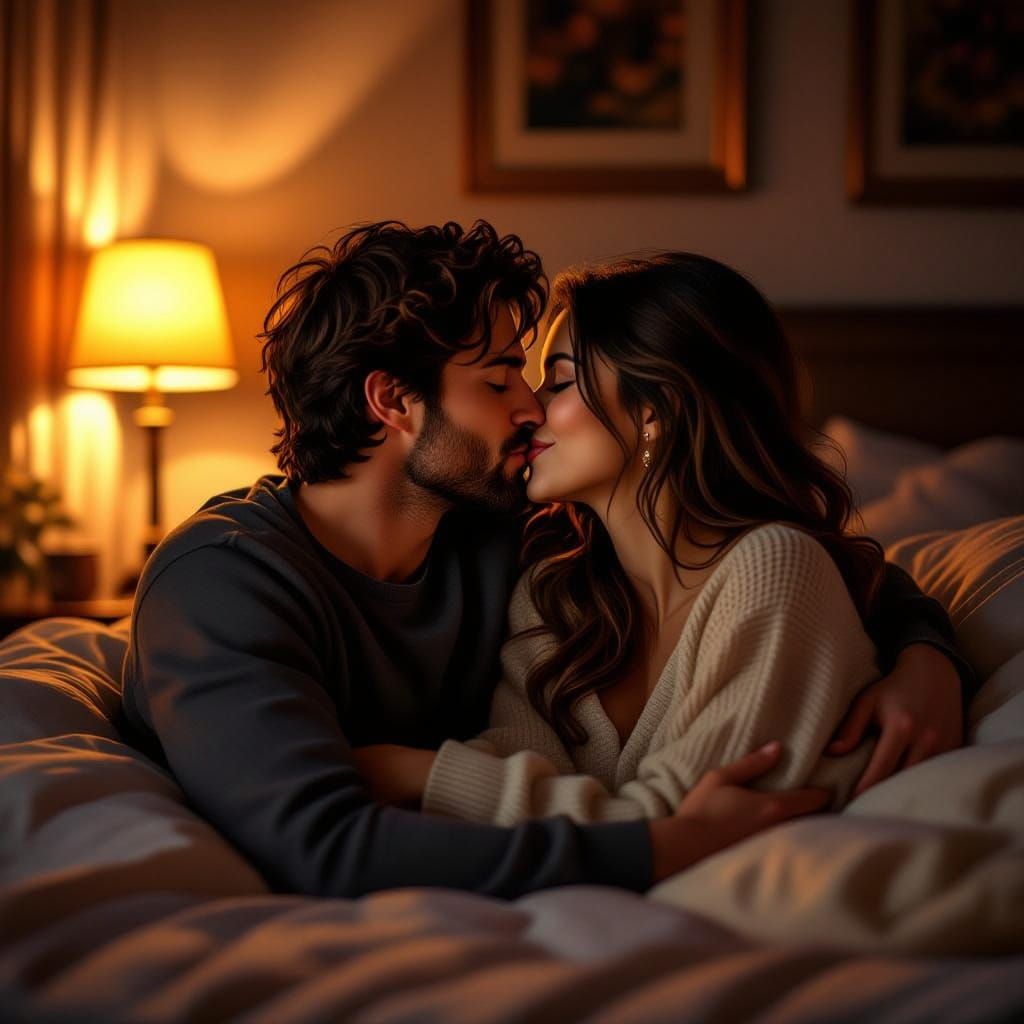Romantic Couple Kissing in Cozy Bedroom