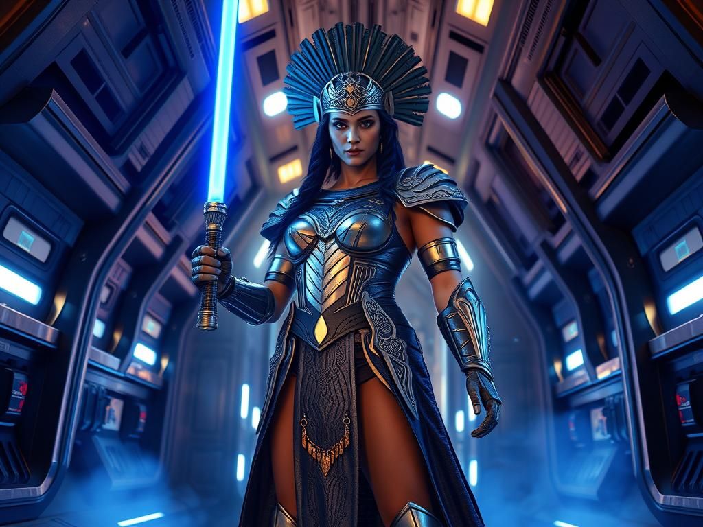 A Mexican Aztec woman Jedi with her powerful lightsaber.