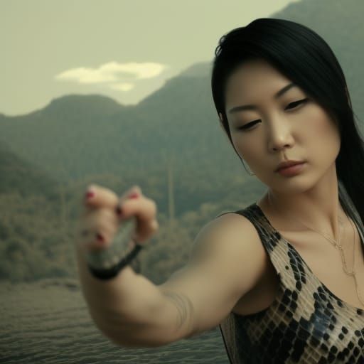 Yakuza Woman with Snake Tattoo: Photorealistic Detail