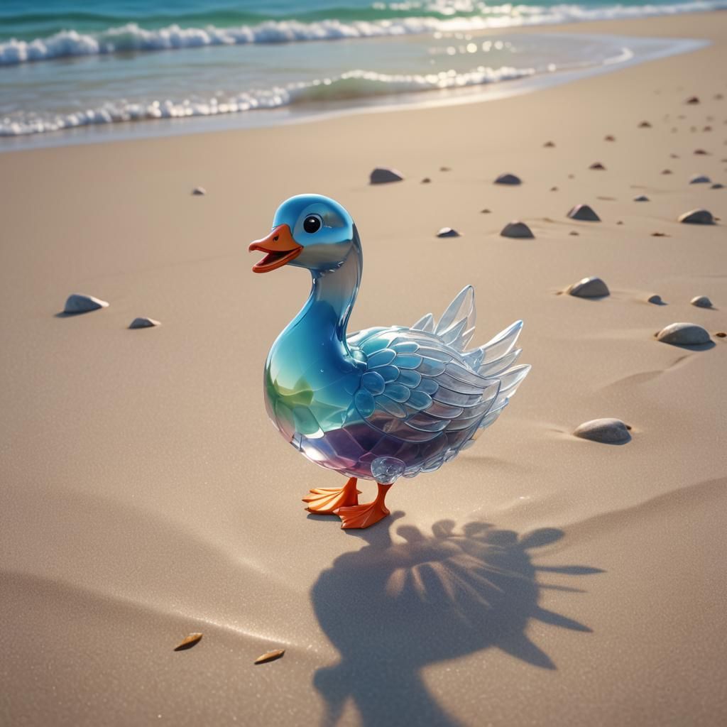 Cute Crystal Jelly Goose on Beach: 3D Digital Art