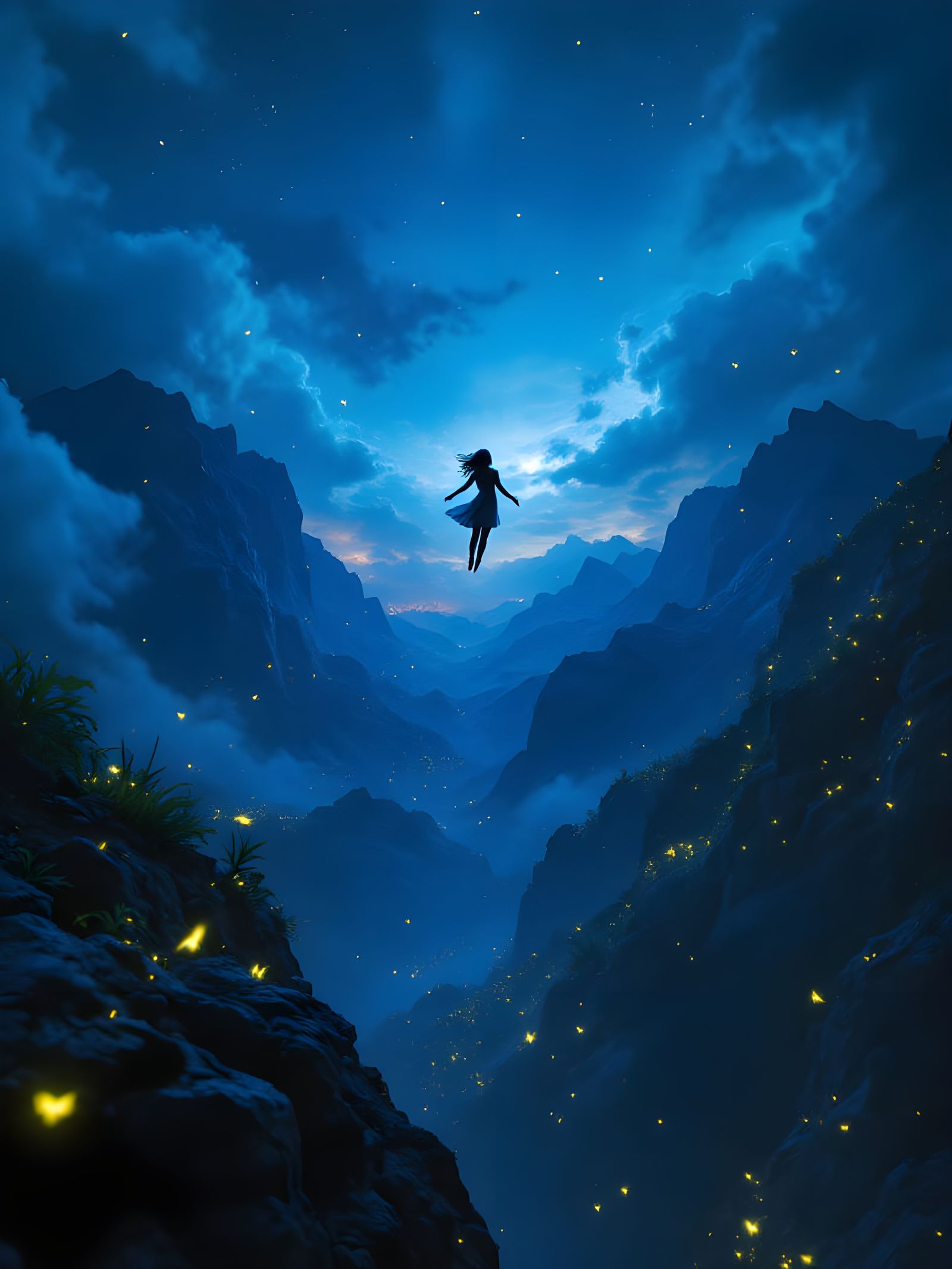 Woman Descending from Cloudy Sky with Bioluminescence