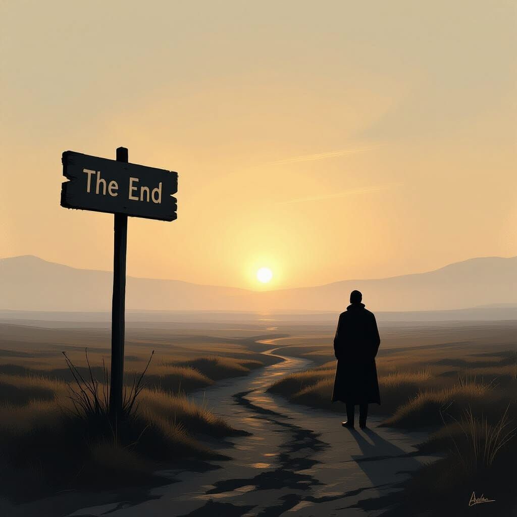 Solitary Figure Gazes at Ethereal Horizon Under Setting Sun