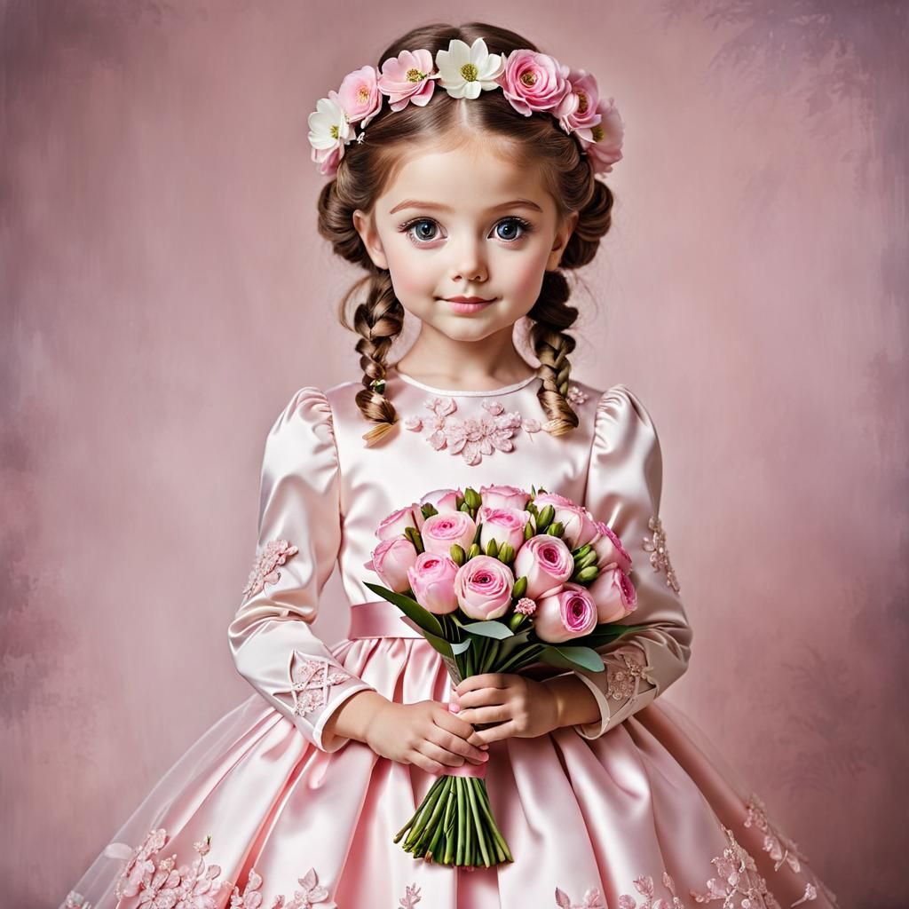 Whimsical Flower Girl with Pink Bouquet