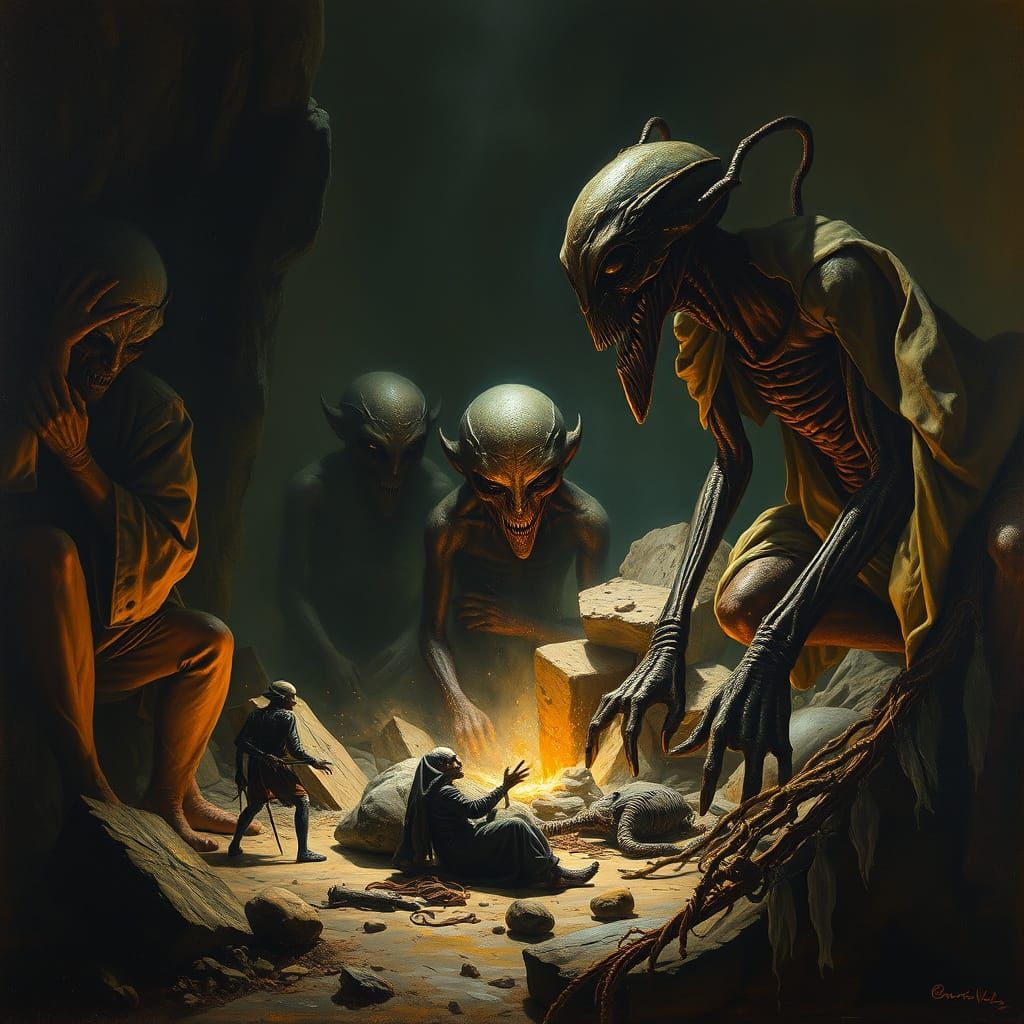 Mysterious Humanoids in Surreal Oil Painting
