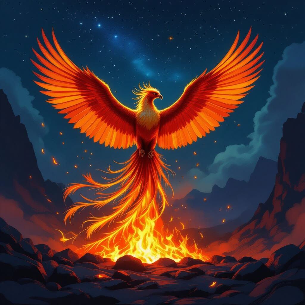 Majestic Phoenix Rises from Embers in Fiery Fantasy Art