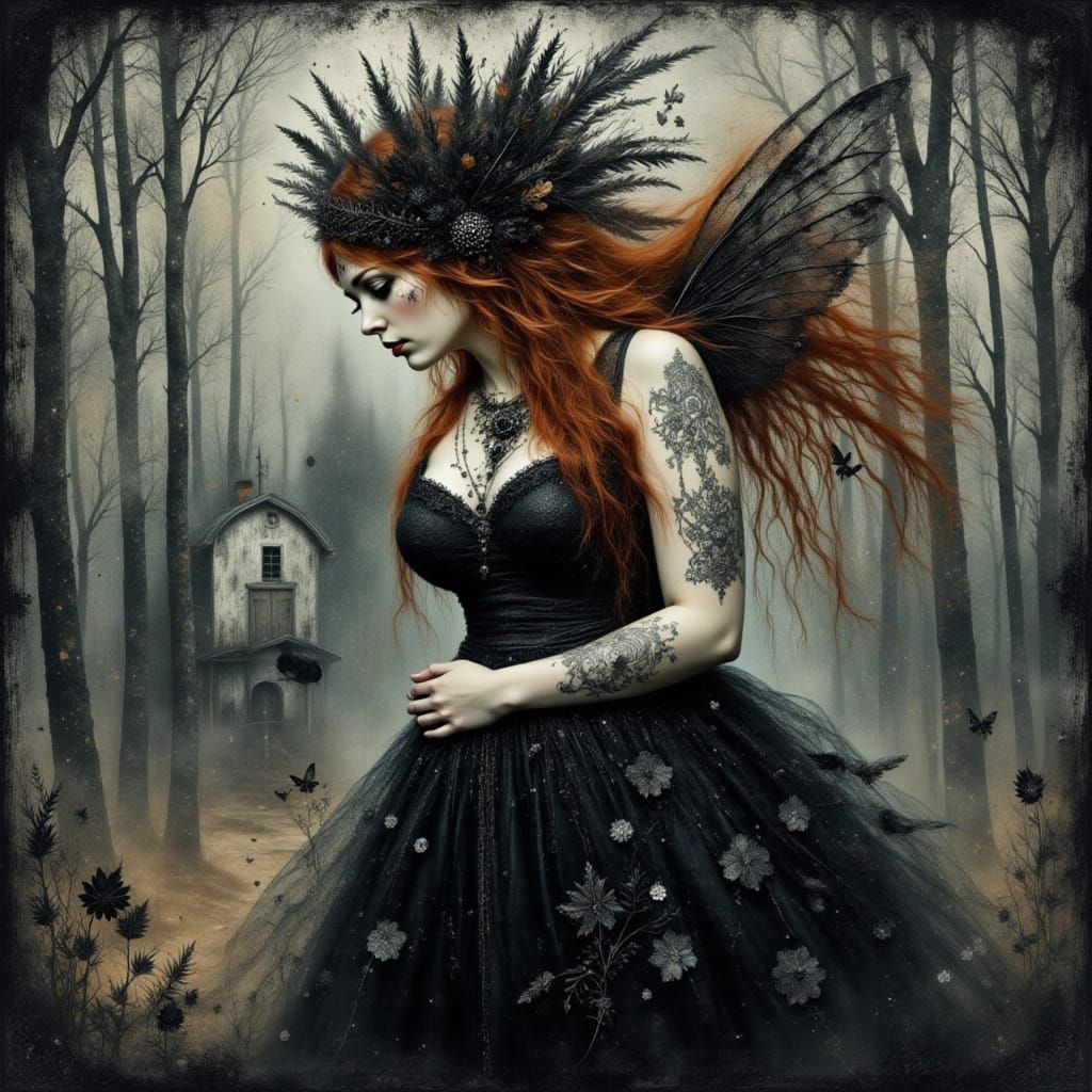 Redhead Shaman in Gothic Forest Watercolor