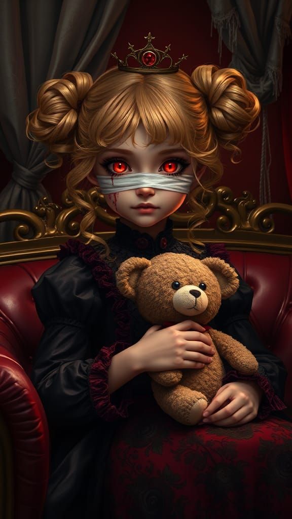 Golden-Haired Girl with Teddy Bear, Dark Fantasy Art