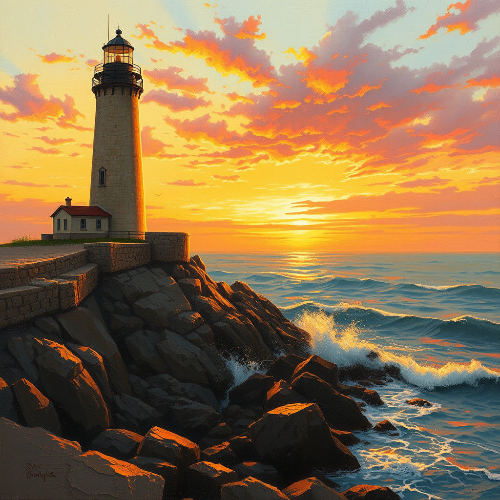 Sunset Lighthouse: Coastal Serenity in Oil Painting Style