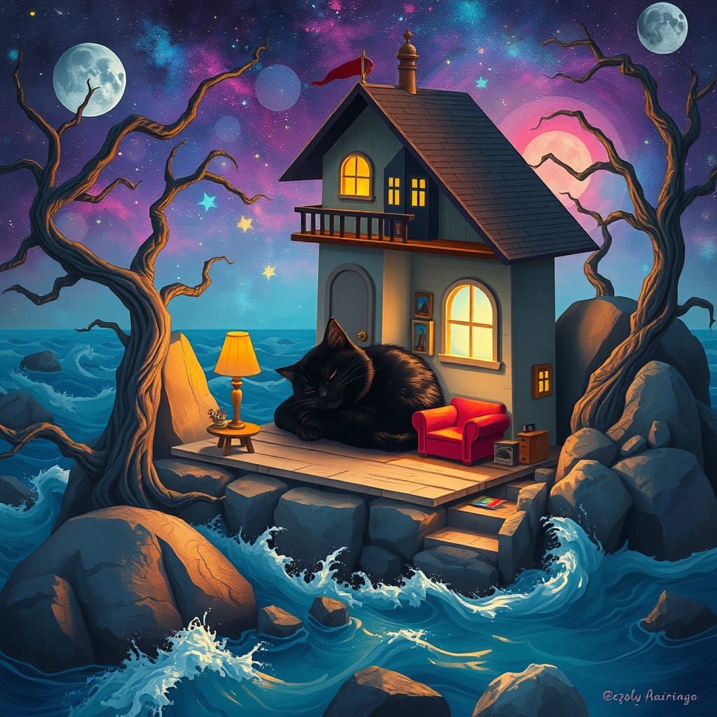 Cat Nap in a Dollhouse Lighthouse: Cosmic Illustration