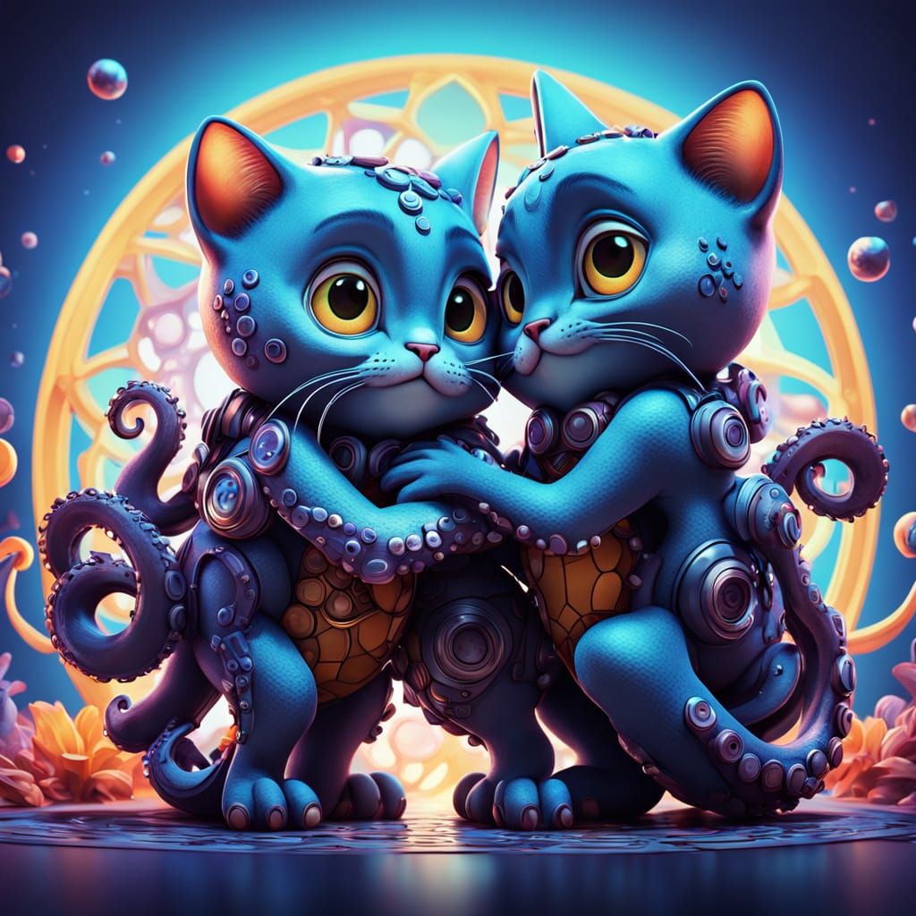 Cartoon Octopus Cat Couple in Vibrant, Whimsical Hug