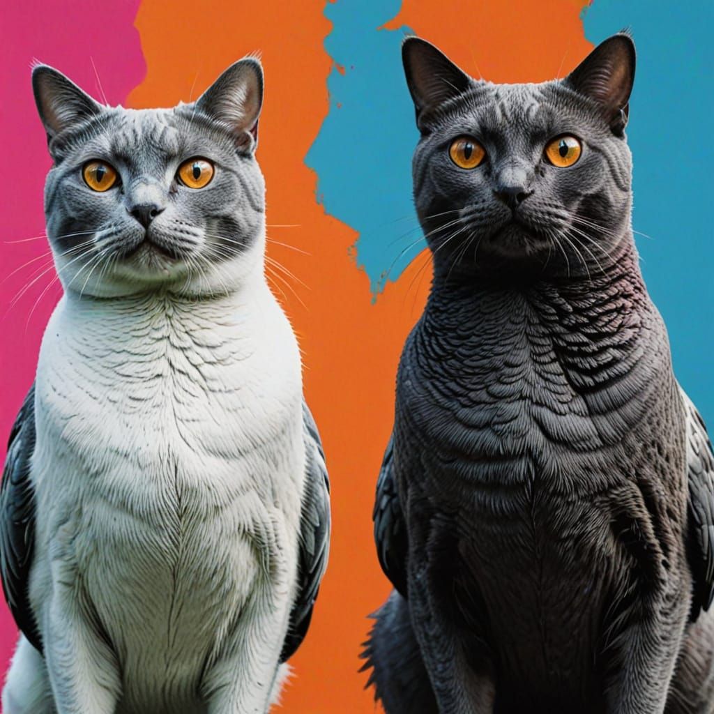 Cat-Pigeon and Pigeon-Cat in Pop Art Style