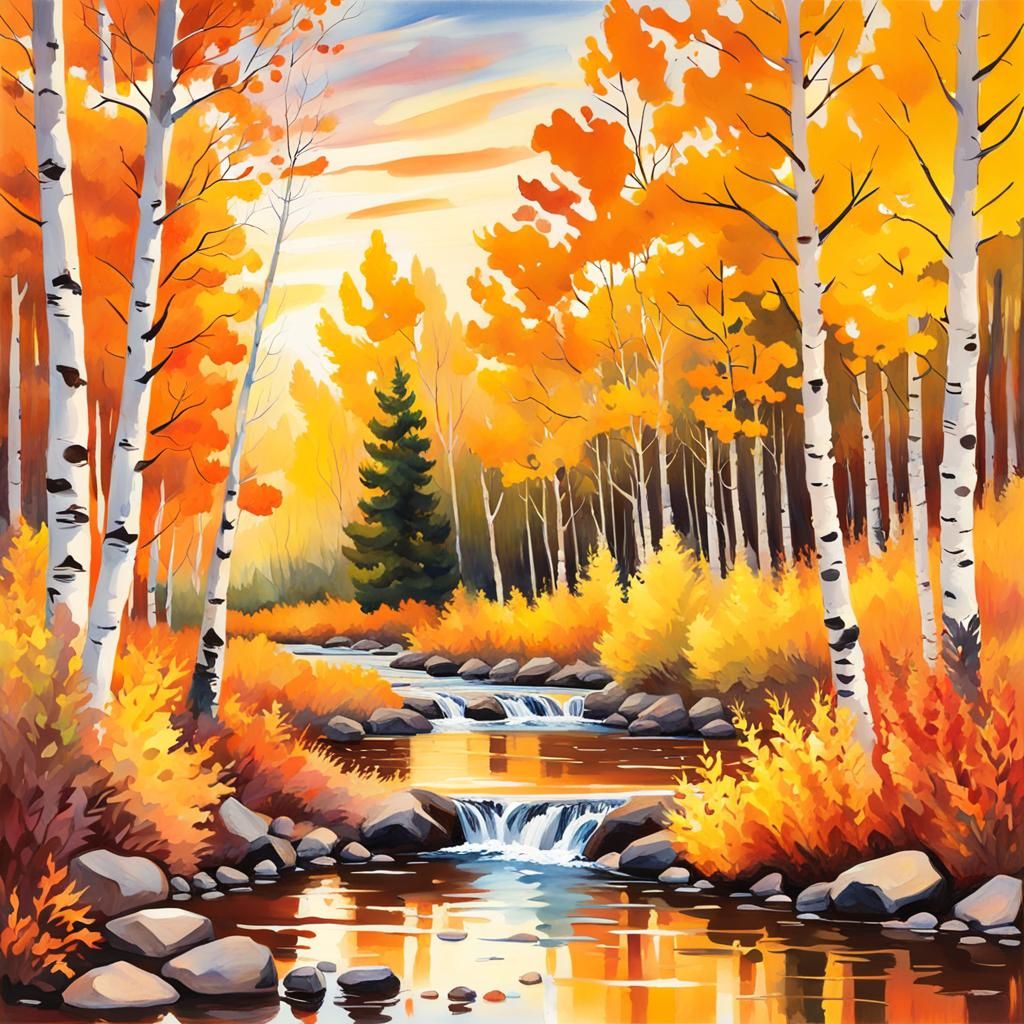 Autumnal Sunset Over Aspen Forest Creek: Gouache Impression