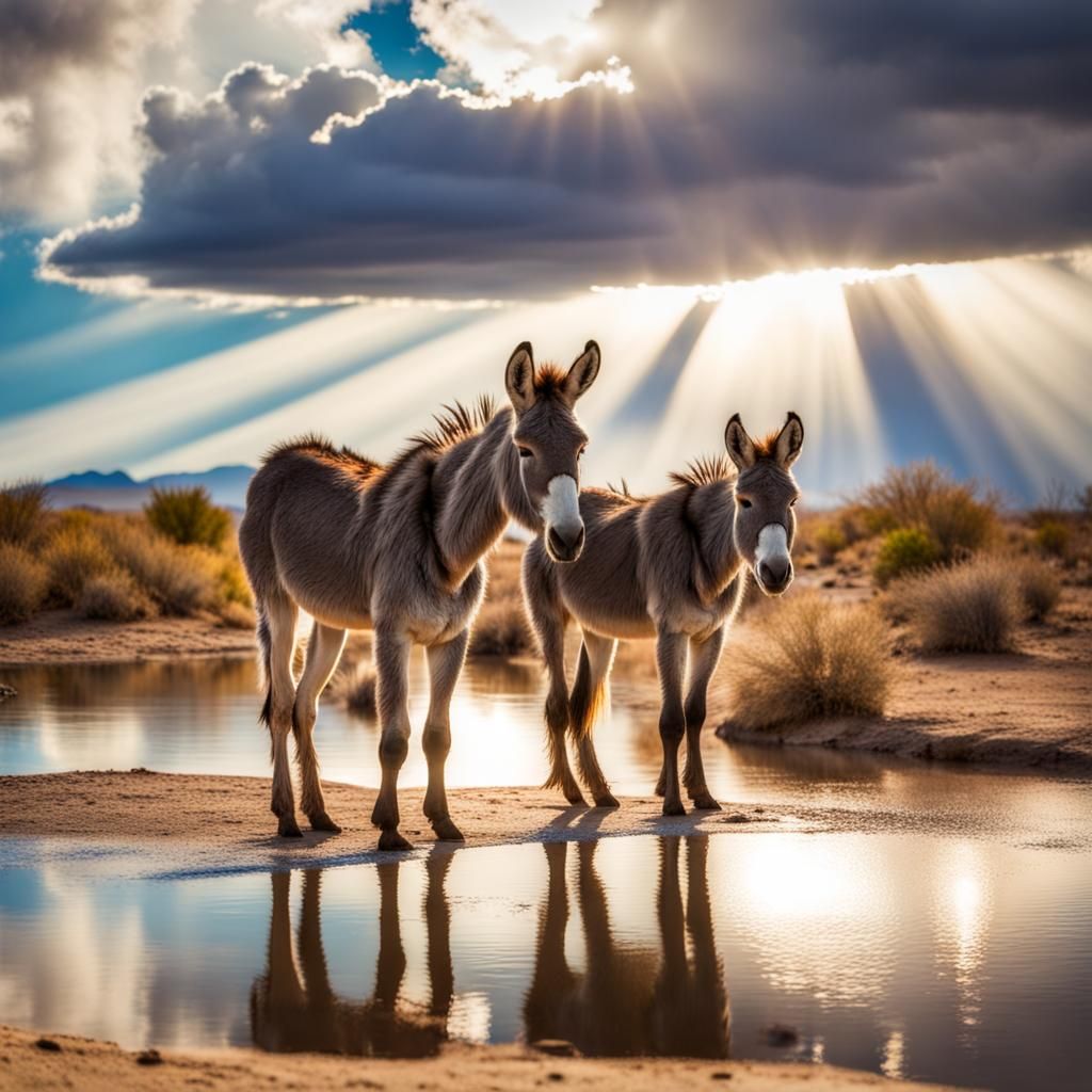Wild Burros at Desert Waterhole in Soft Sunlight