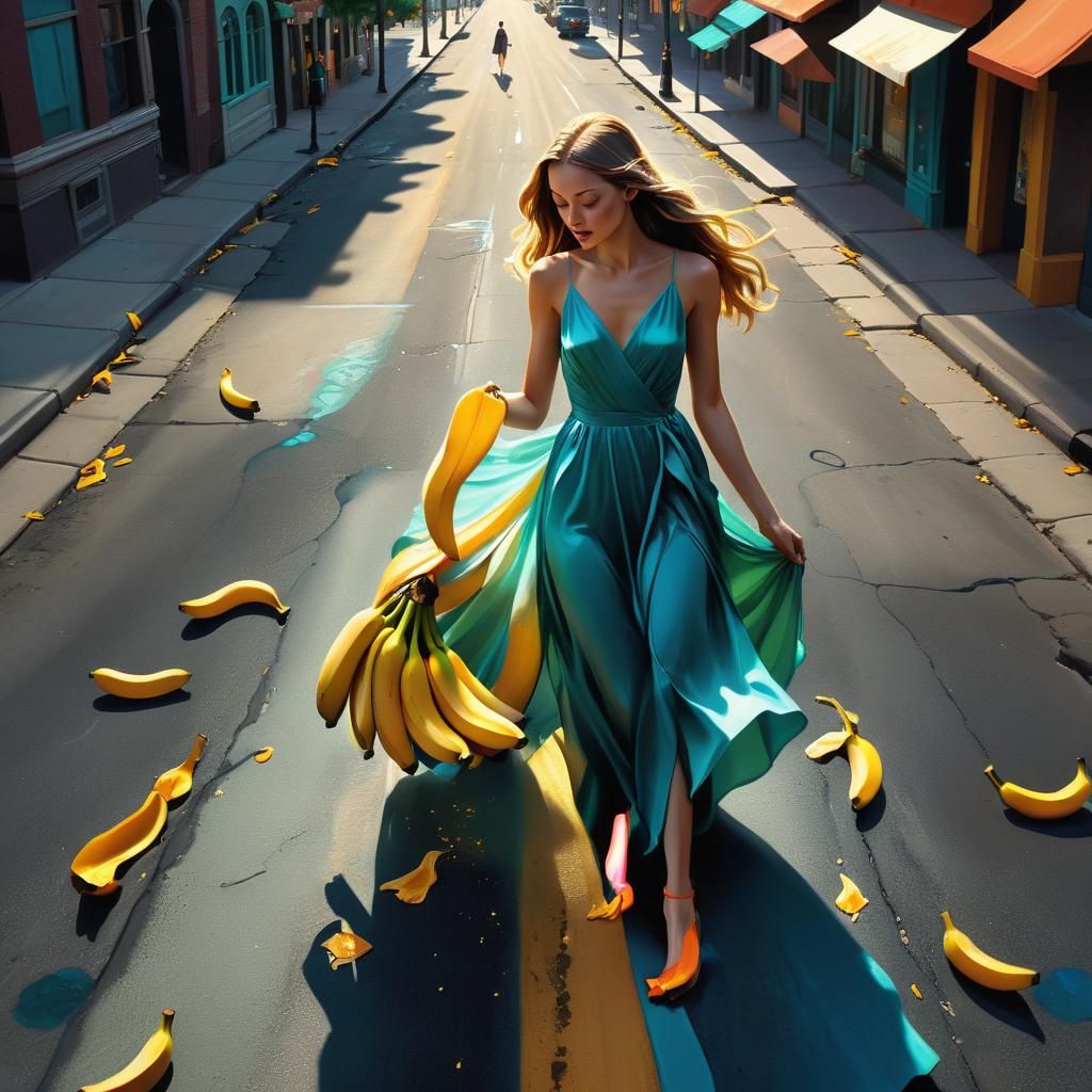 Girl Slips on Banana Peel in Surreal City