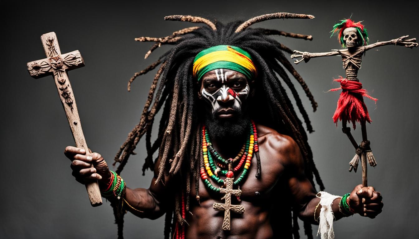 Angry Jamaican Rasta Witchdoctor with Voodoo Doll