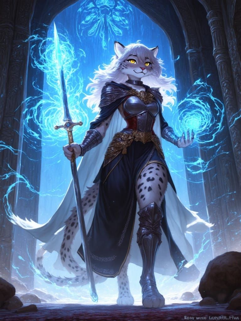 Regal Snow-Leopard Officer in Shimmering Fantasy Palace