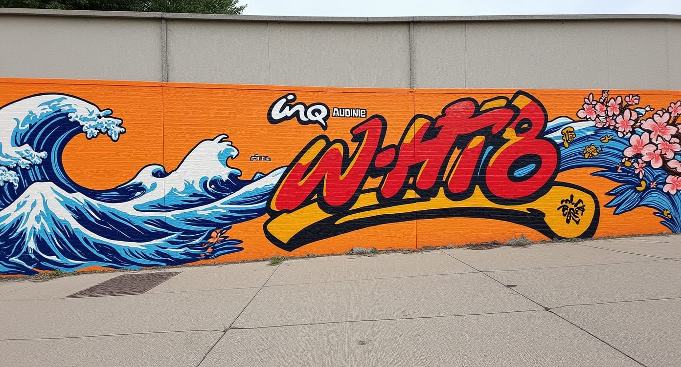 Urban Graffiti Mural Fusing Japanese Art and 2000s Design