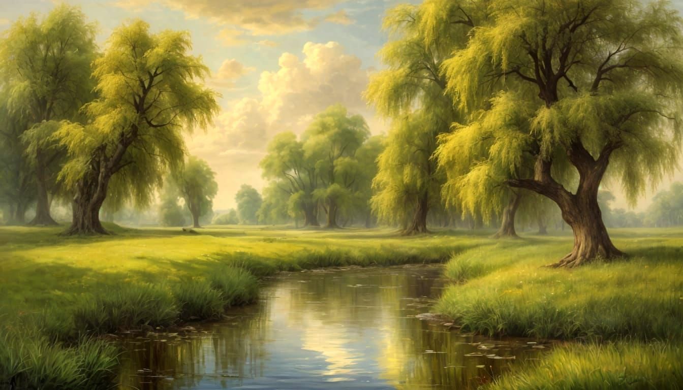 Vintage Willows in a Quaint Meadow, in Oil Painting Style
