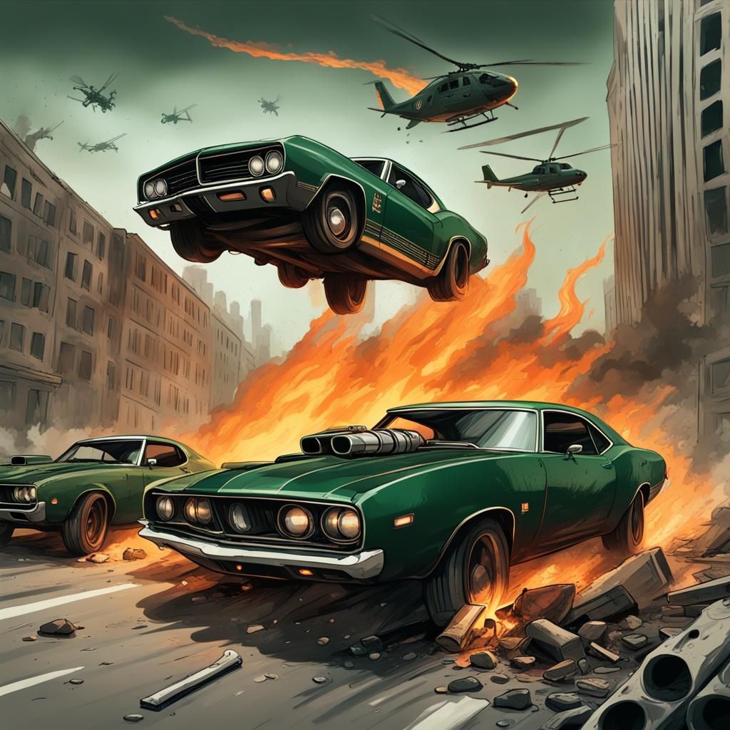 Muscle Car Race Through Post-Apocalyptic City