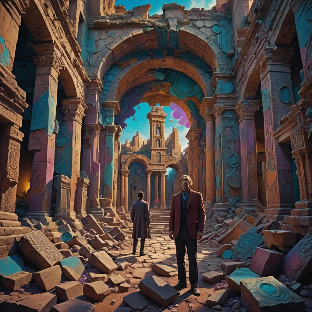 Klaus Amidst Ancient Ruins in Surrealist Style